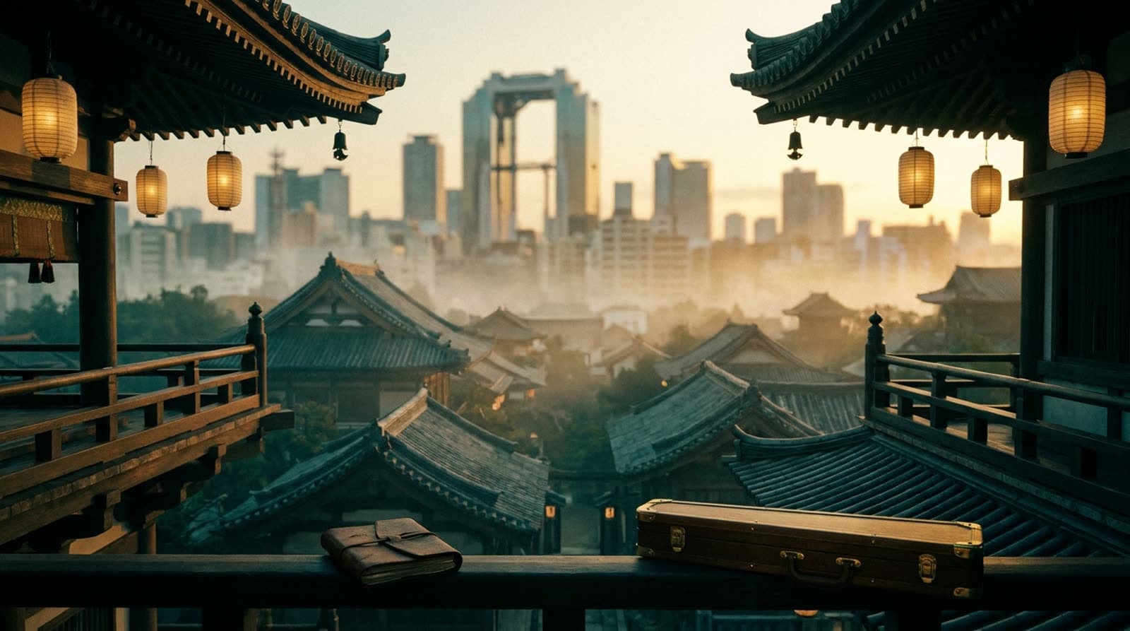 Vedere de pe o terasă tradițională japoneză spre orașul Osaka în ceața dimineții
